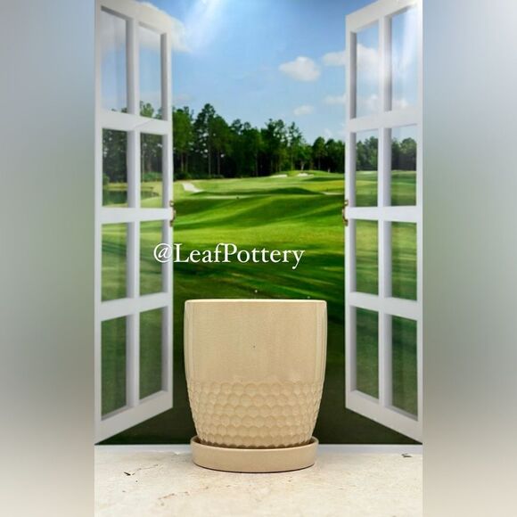 Honeycomb Beige Ceramic Planter Pot with Saucer Attached - Picture 1 of 9